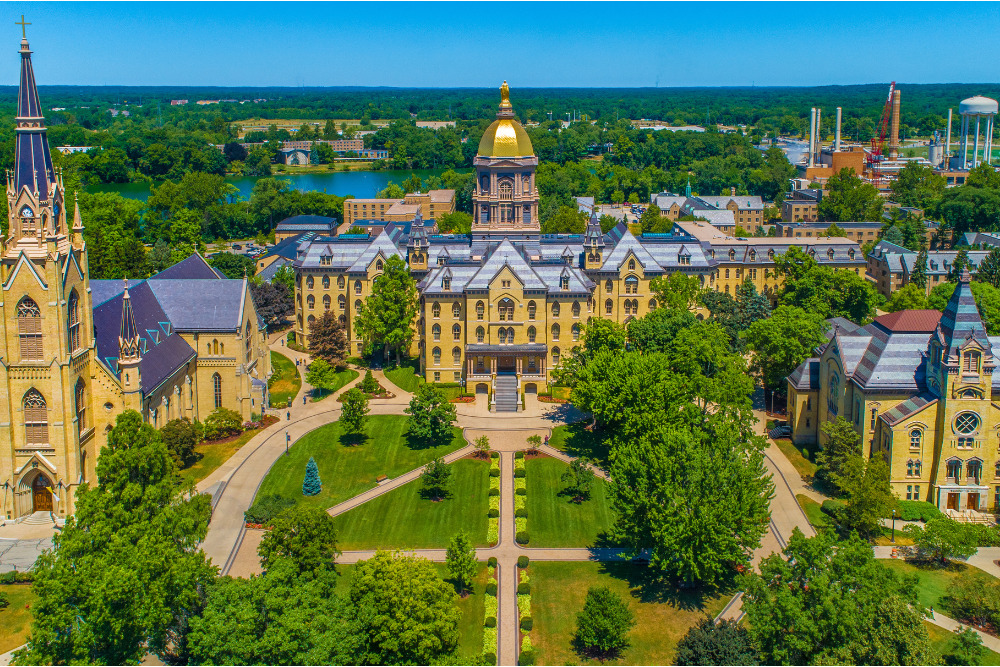 The University of Notre Dame Campus with Golden Dome, Basilica of the Sacred Heart, and Washington Hall.