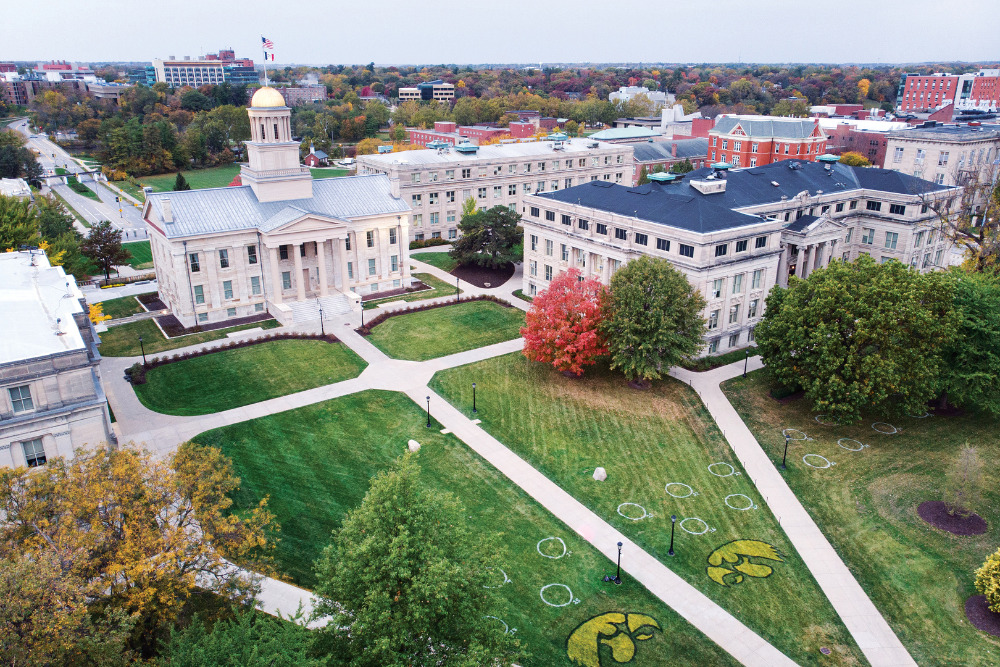 Pentacrest and Cleary Walkway Fall 2020 FAA Licensed Drone Pilots; approved flight by UI Drone Committee