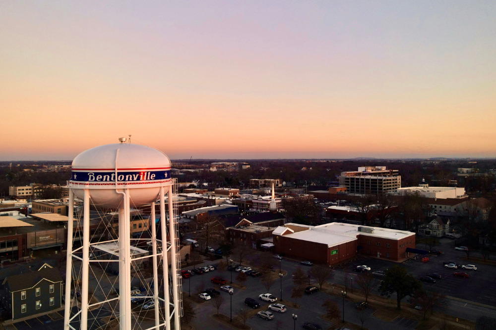 A drone shot of the famous water tower in Bentonville, AR. Bentonville is a great place to live in Arkansas.