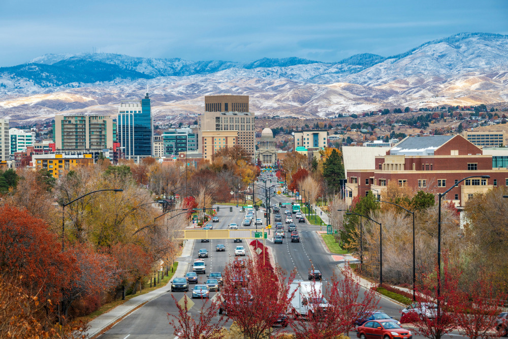 Downtown Boise, Idaho, during the first winter snow. 