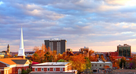 An elevated view of Fayetteville, Arkansas, in the fall.
