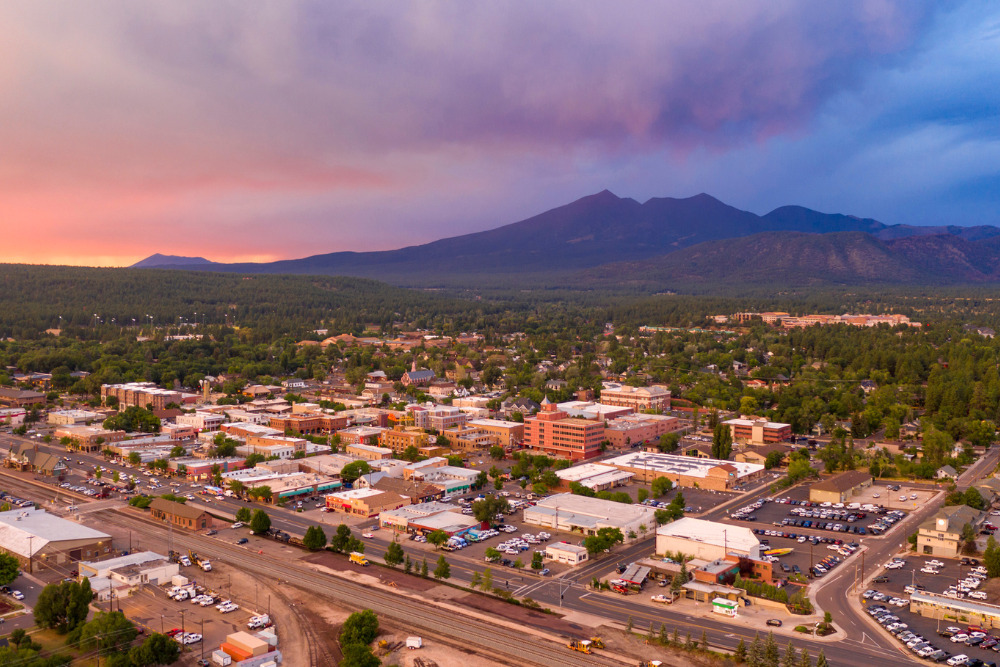 Mount Humphreys at sunset overlooks Flagstaff, AZ, a best place to live in Arizona.