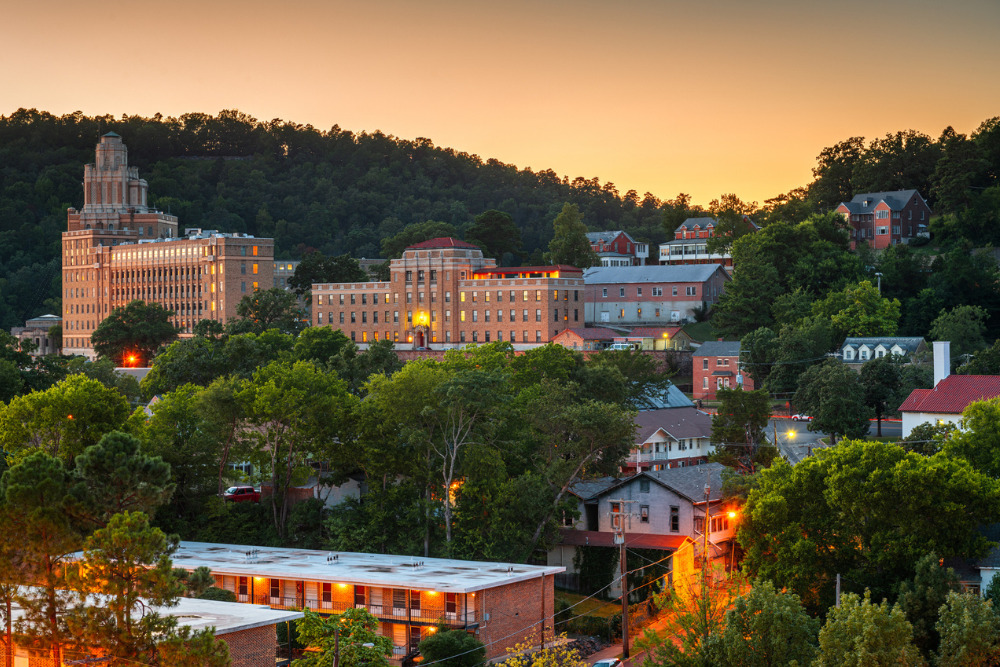 Hot Springs, Arkansas, from above at sunset. Hot Springs is a best place to live in Arkansas.
