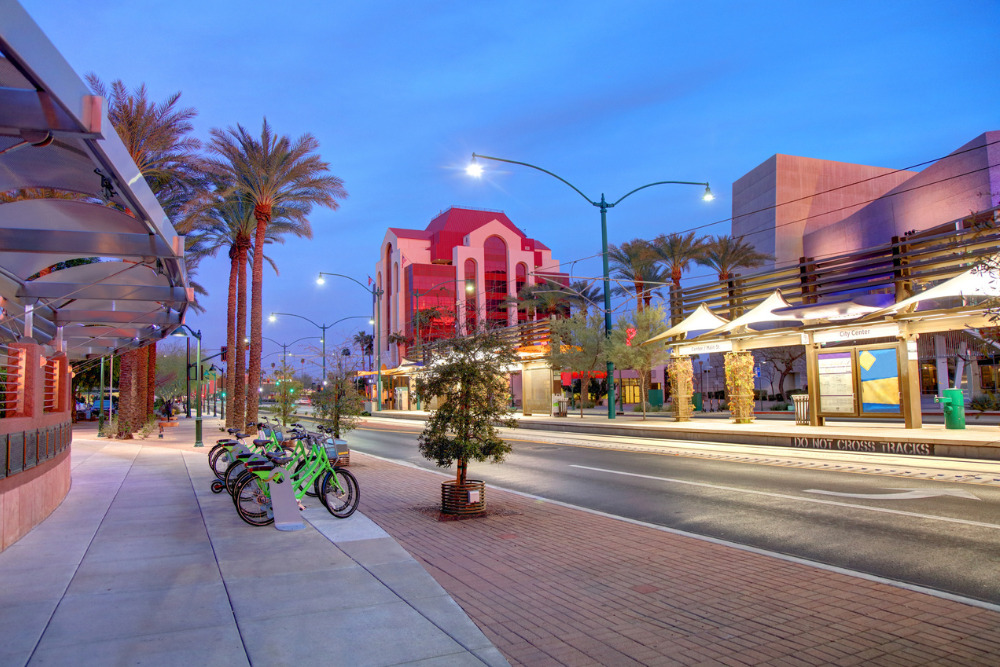 A view of downtown Mesa, AZ, at dusk. Mesa is a best city to live in Arizona.