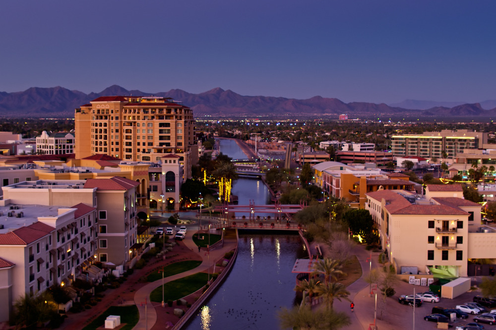 Aerial shot of Scottsdale, AZ, at dusk in the spring. Scottsdale is a great place to live in Arizona.
