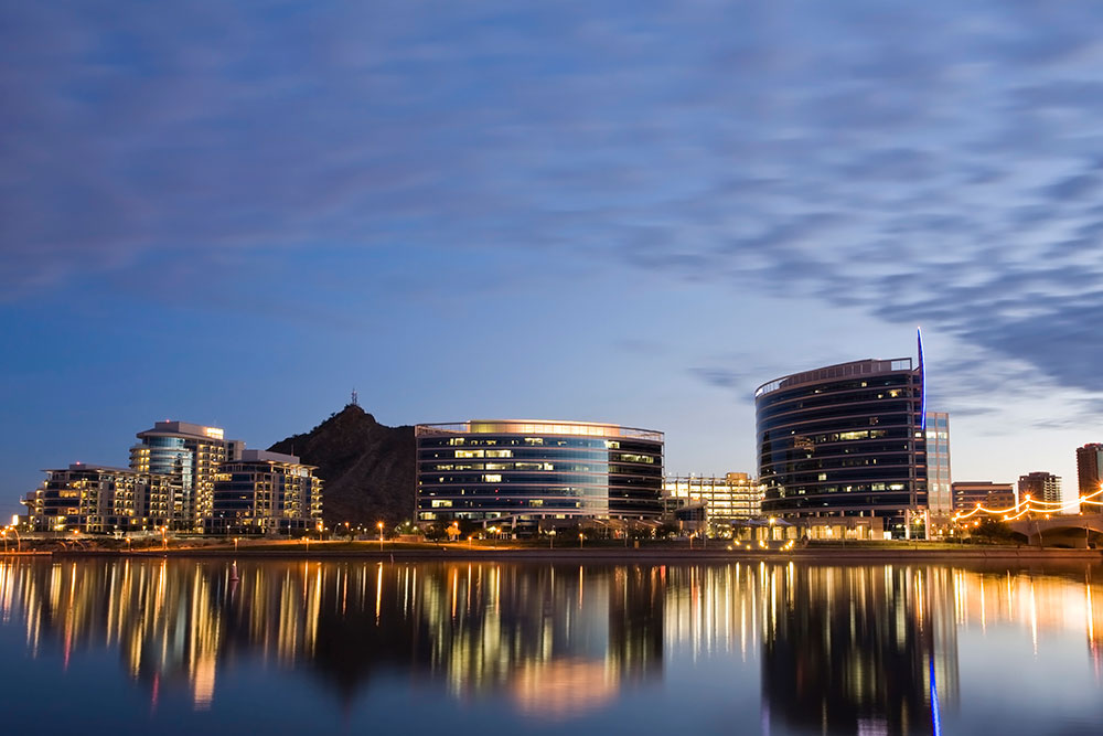 Downtown Tempe, AZ, at twilight.