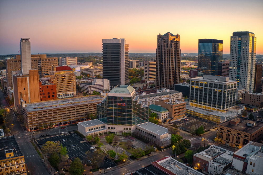 An aerial view of the skyscrapers in Birmingham, Alabama. Birmingham is a best place to live in Alabama.