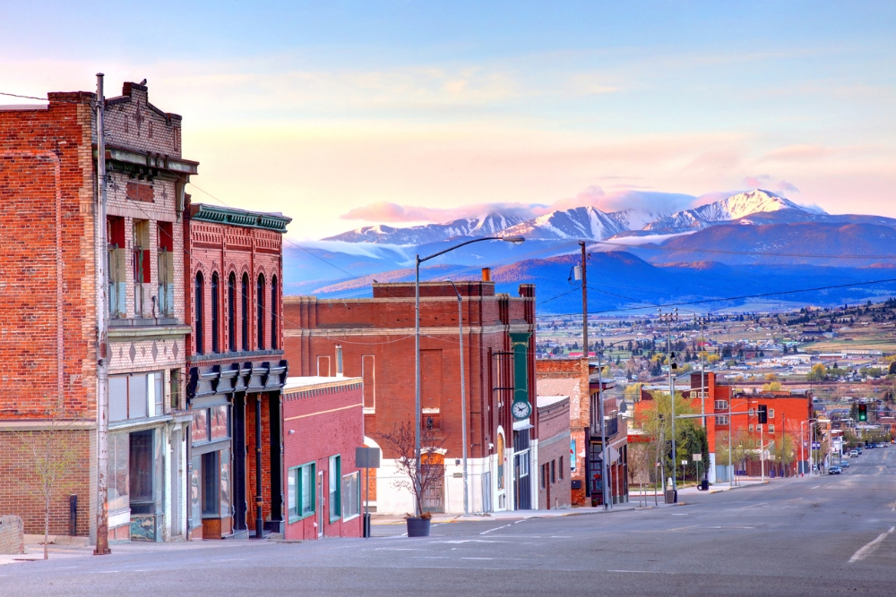 A view of downtown Butte, MT, overlooking the mountains. Butte is a best place to live in Montana.