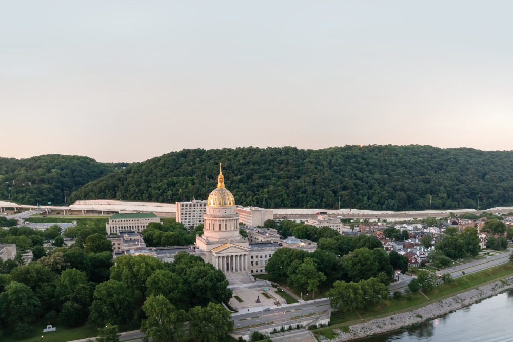 Sunset over the West Virginia State Capitol in Charleston. Charleston is a best place to live in West Virginia. 