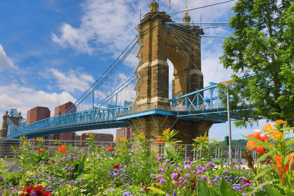 The John A. Roebling Bridge was built in 1866 to connect Covington, KY, to Cincinnati, Ohio. Covington is one of the best places to live in Kentucky.