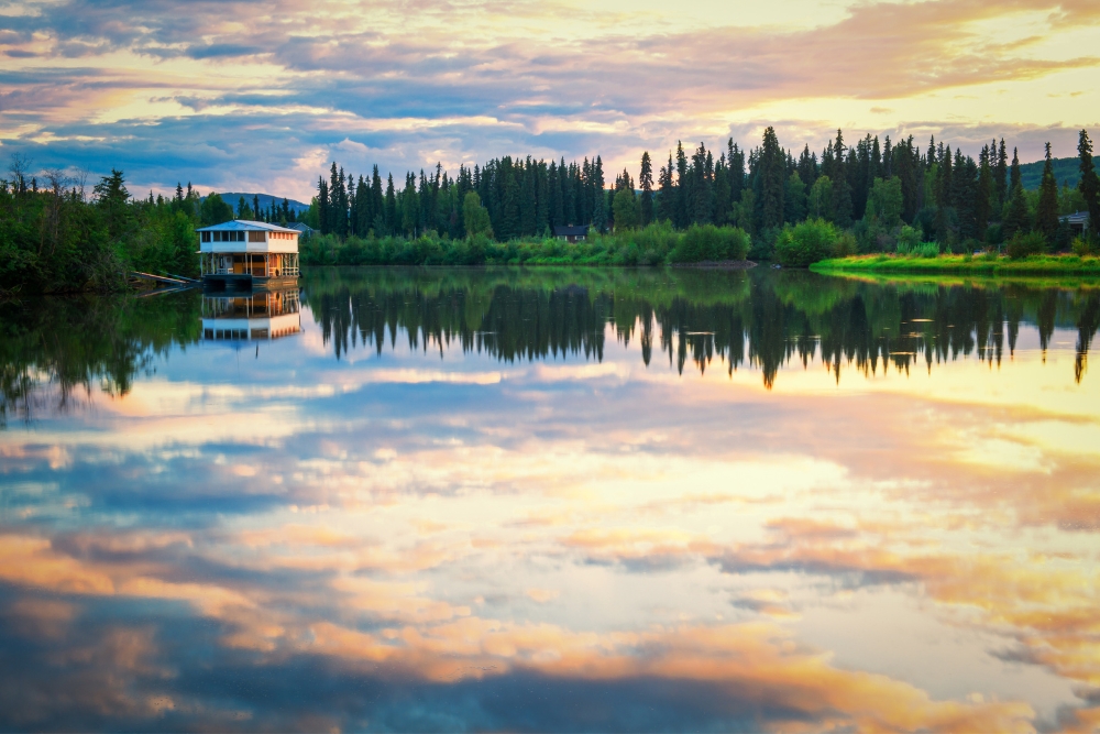The bay of river Chena in Fairbanks, Alaska at sunset. Fairbanks is one of the best places to live in Alaska.