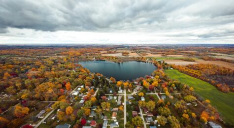 A full panoramic aerial view of the heart-shaped Saugany Lake in Fishers, Indiana.