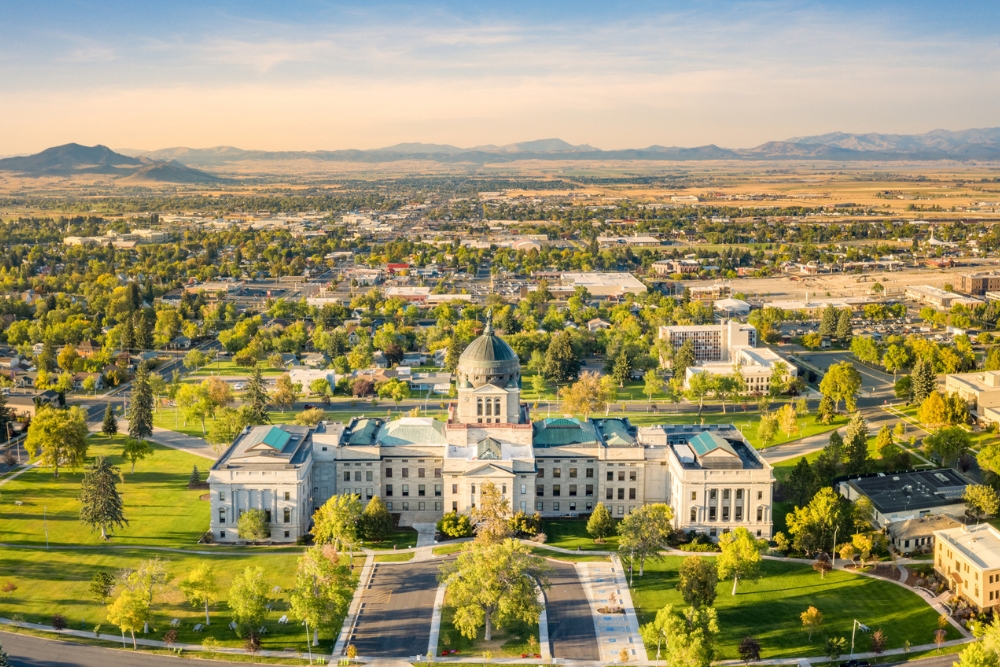 A drone view of the Montana State Capitol, in Helena, on a sunny afternoon.
