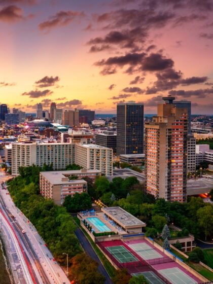 An aerial view of Kansas City, Missouri, at sunset.