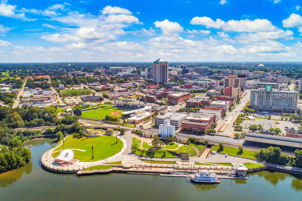 An aerial panoramic view of the city of Montgomery, AL. Montgomery is a best place to live in Alabama.