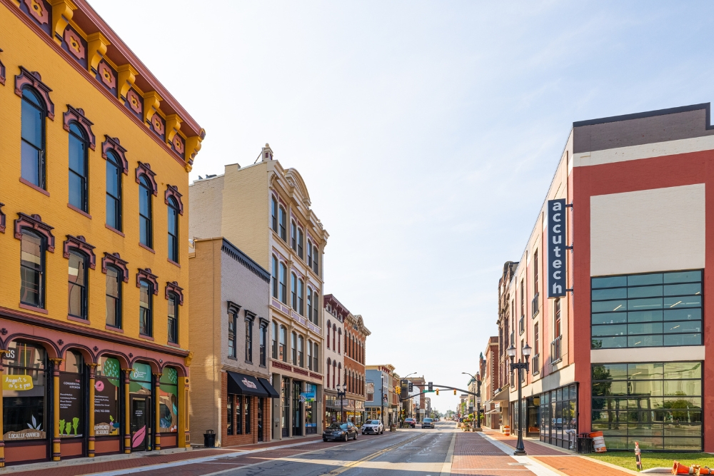 A view of the business district on Walnut Street in Muncie, Indiana.