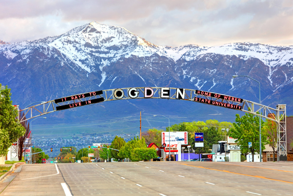An image of the Ogden, UT welcome sign looking north on Washington Blvd. Ogden is a great place to live in Utah.