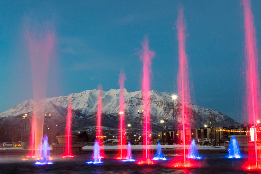 A view of the lighted fountain outside the University Mall in Orem, Utah. Orem is a best place to live in Utah.