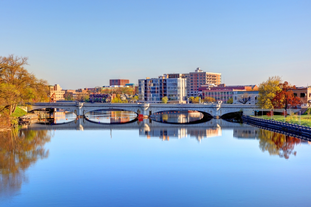 A city view overlooking a walking bridge in South Bend, Indiana. south Bend is a great place to live in Indiana.