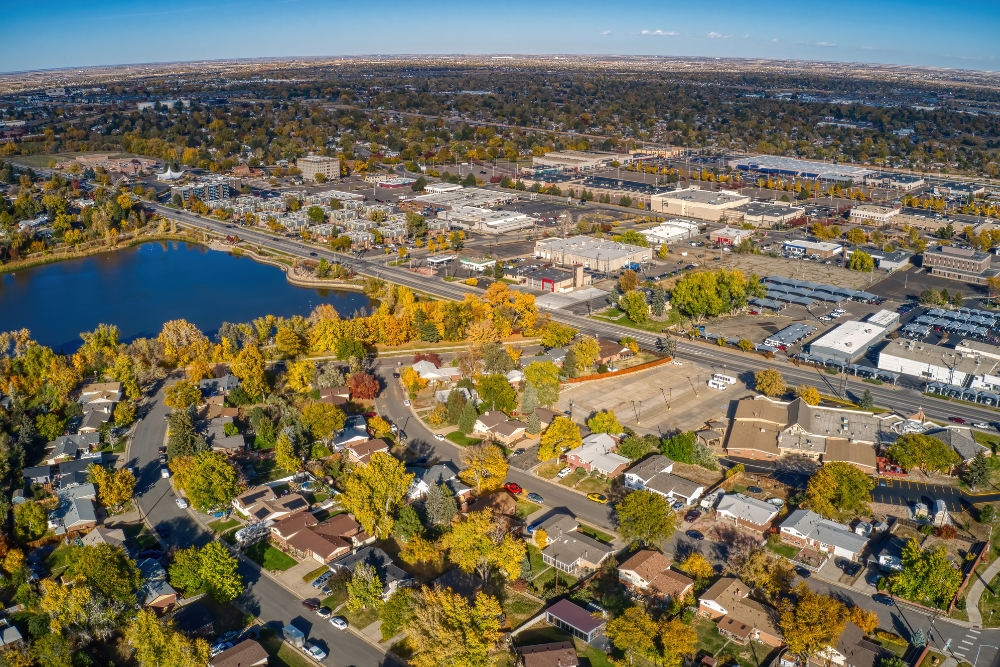 Aerial shot of the Denver suburb of Thornton in Colorado during autumn