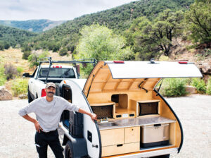 Tom Mitchell, founder of SouthWest Teardrop Co., manufactures a classic-style teardrop camper.