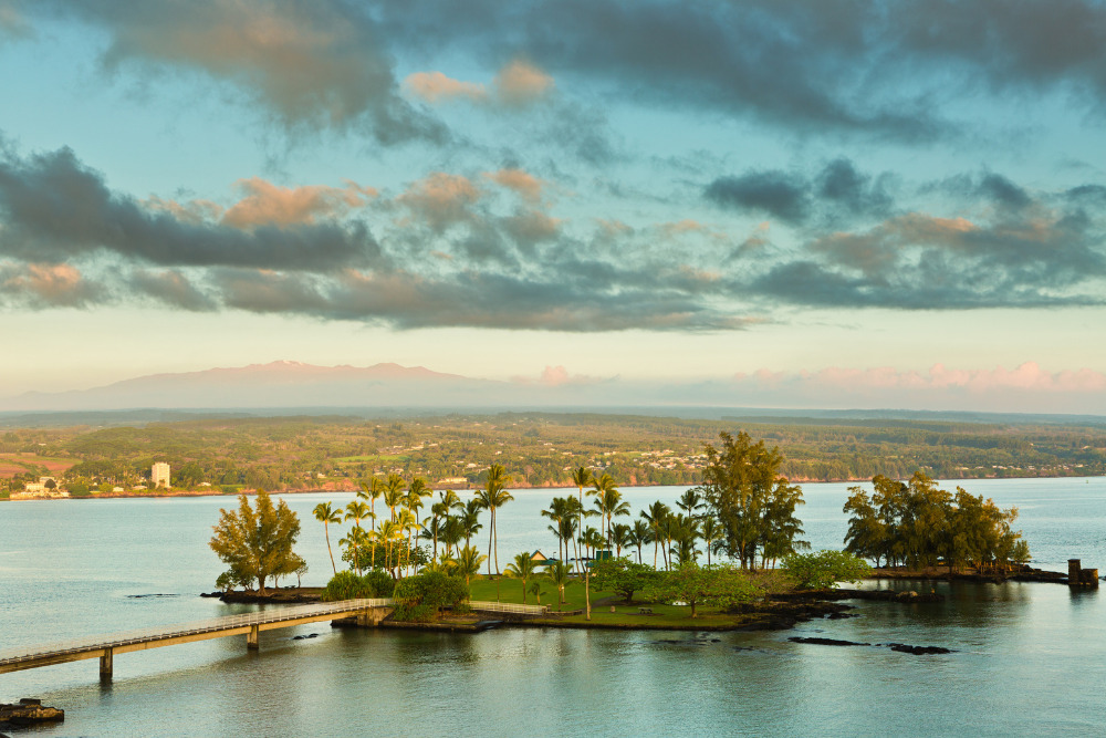 Coconut Island at sunrise in Hilo, Hawaii. Hio is a best place to live in Hawaii.