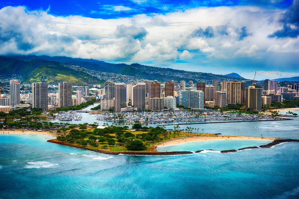 The beautiful coastline of Honolulu, Hawaii, is shown in this image shot from a helicopter. 
