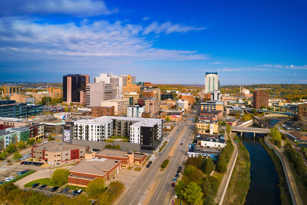 A view of the downtown Rochester skyline during early Autumn.