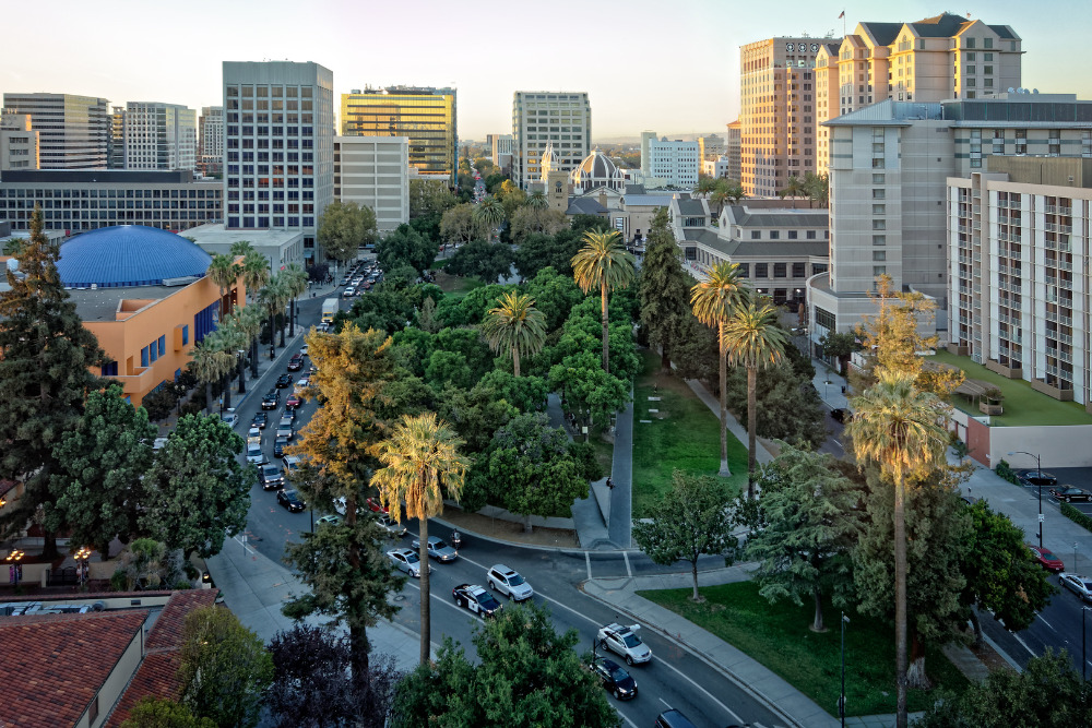 An aerial and panoramic view of the historic Plaza de Cesar Chavez in San Jose, CA. San Jose is a great place to live in California.