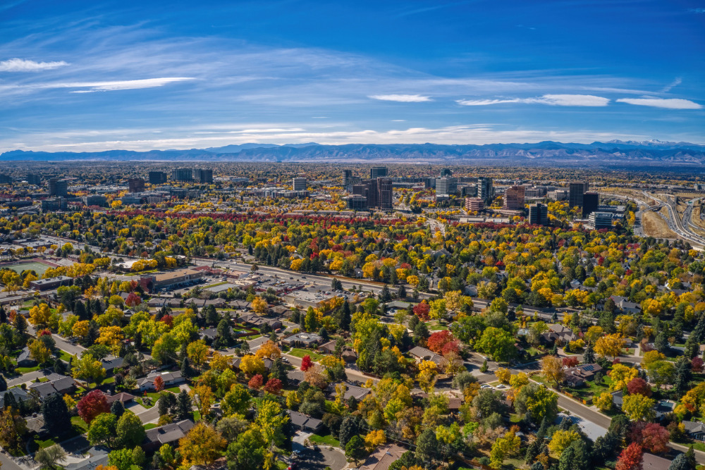 An aerial view of Aurora, Colorado. Aurora is one of the best cities to live in Colorado.