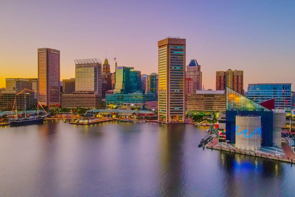 The Baltimore, Maryland, skyline at sunset. Baltimore is one of the best cities to live in Maryland.