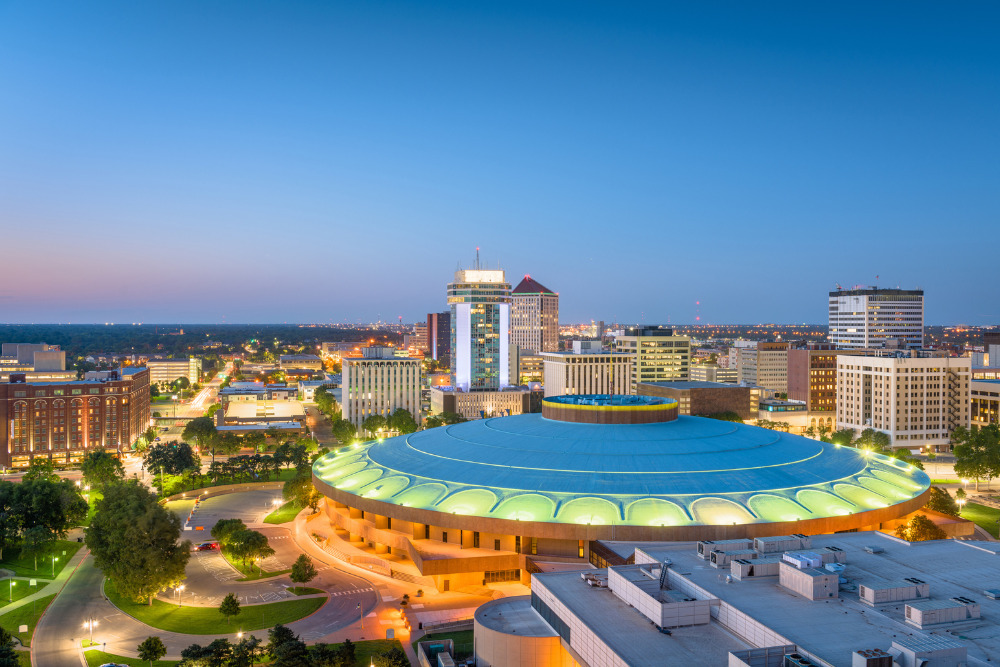 The Wichita, Kansas, downtown skyline at dusk.