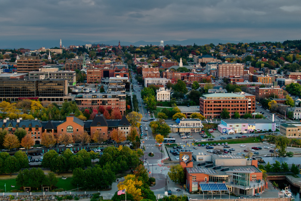 Aerial view from Lakeshore looking along streets in Burlington, Vermont. Burlington is a best place to live in Vermont.