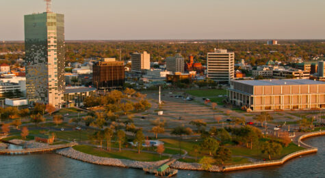 Bord Du Lac Park Park and Downtown Buildings in Lake Charles, Louisiana.