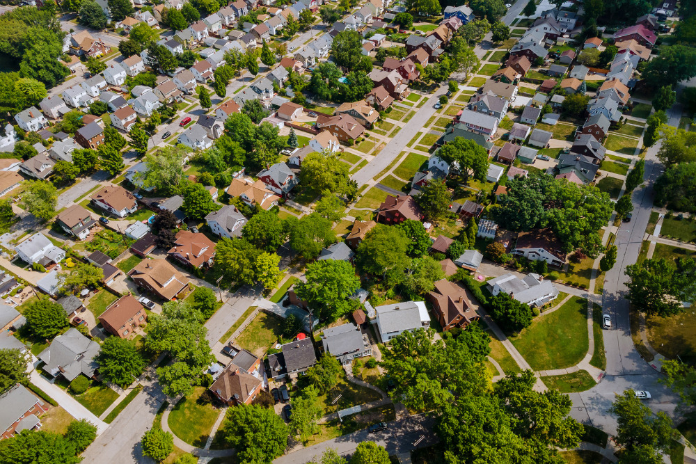 Wide panorama, aerial view of residential quarters and green streets Parma, Ohio. 