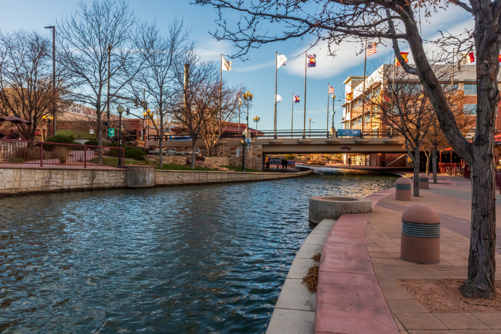 A scenic view of the Historic Arkansas Riverwalk in Pueblo, Colorado. Pueblo is one of the great cities to live in Colorado.