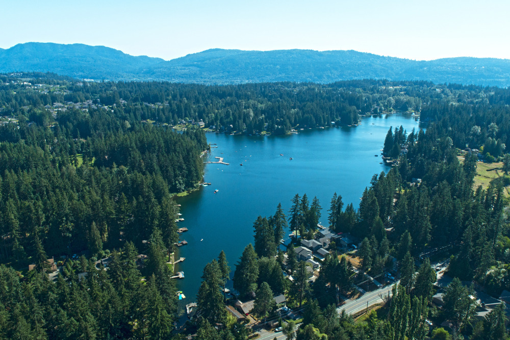 An aerial view of Pine Lake in Redmond, WA. Redmond is a best place to live in Washington.