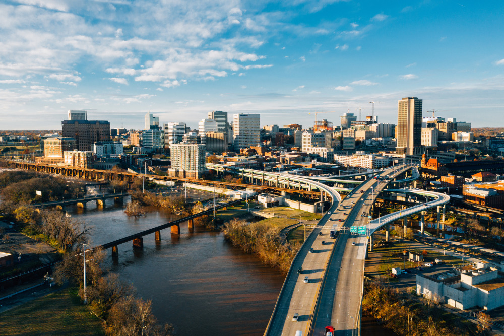 An aerial view of the Richmond, Virginia skyline. Richmond is a best place to live in Virginia.
