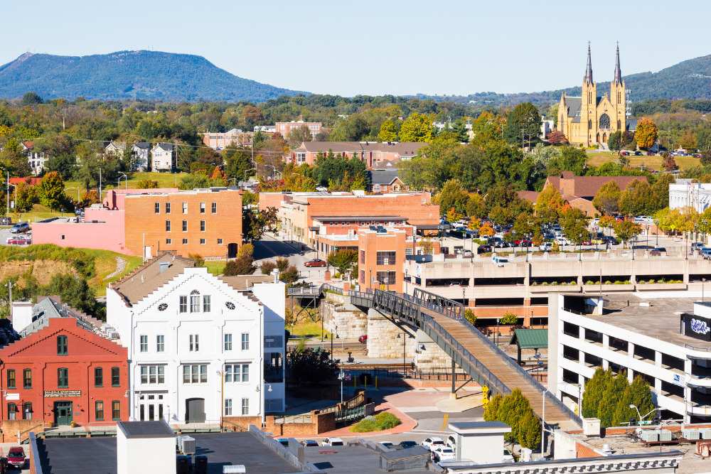 A view of Roanoke, Virginia overlooking the St. Andrews Catholic church in the background. 