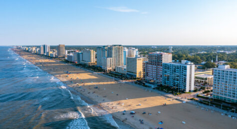 Aerial View of The Virginia Beach Oceanfront as the Sun Sets during Labor Day Weekend.