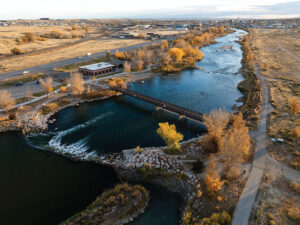 Aerial view of the North Platte River that flows through in Casper, WY