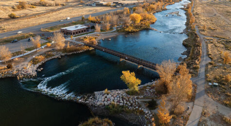 Aerial view of the North Platte River that flows through in Casper, WY