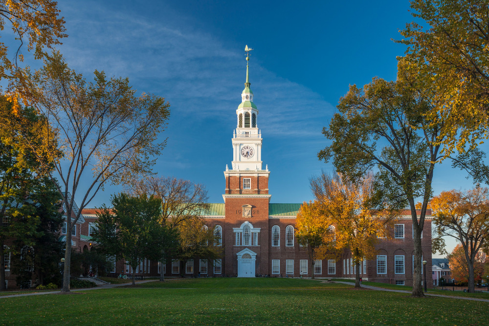 The Baker Memorial Library is a landmark o the campus of Dartmouth College in Hanover, N.H. Hanover is one of the best cities to live in New Hampshire.