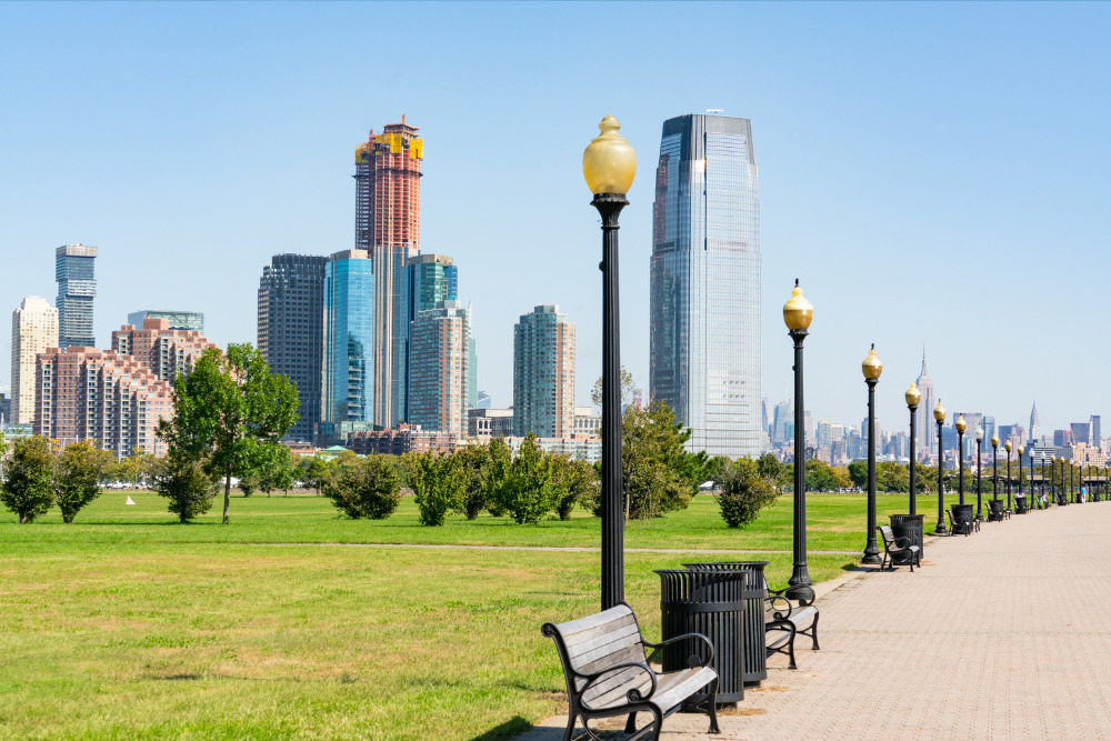 An image of the Jersey City, New Jersey skyline viewed from Liberty State Park. Jersey City is a great city to live in New Jersey.