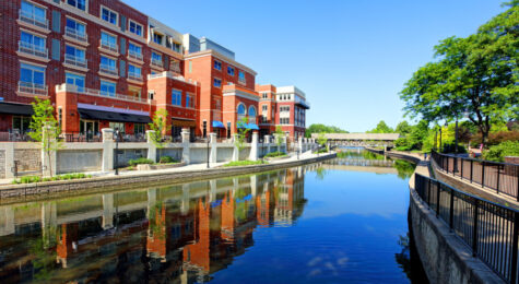 A view of the riverwalk in Naperville, Illinois.