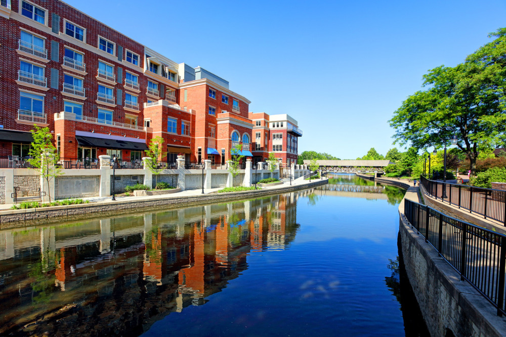A view of the riverwalk in Naperville, Illinois. Naperville is a best place to live in Illinois.