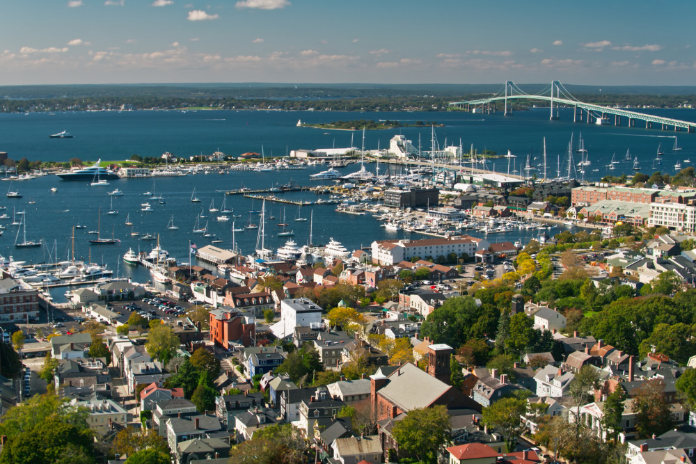Aerial shot of Newport, Rhode Island on a sunny day in fall.