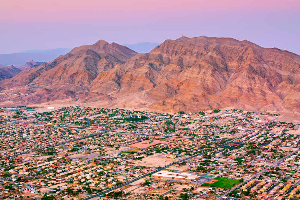 Aerial view of the neighborhood in Las Vegas beneath Frenchman Mountain in Paradise, Nevada.