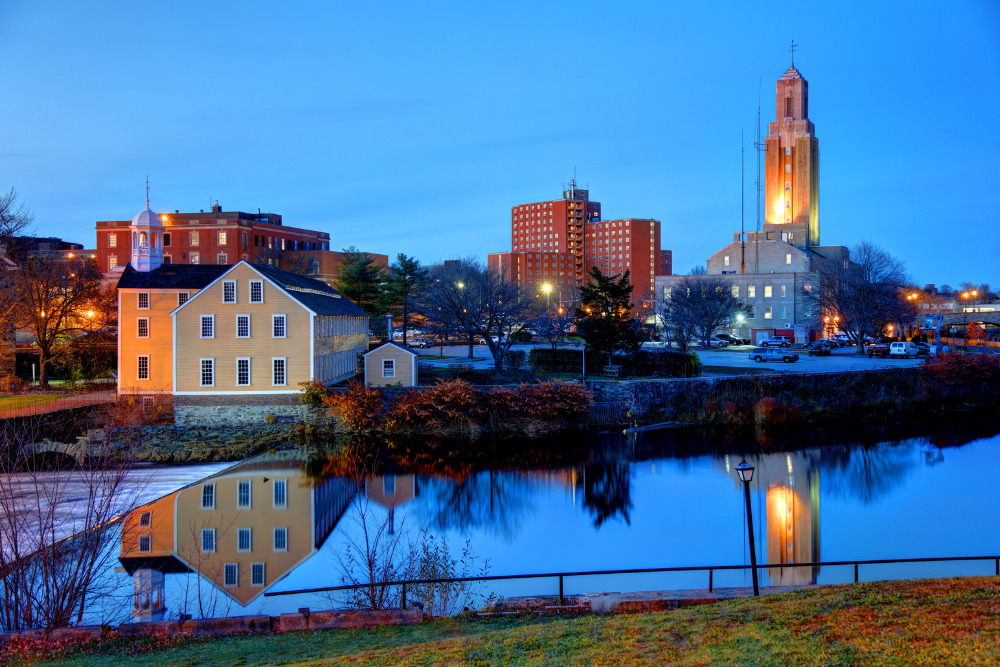 The downtown cityscape of Pawtucket, Rhode Island at dawn.