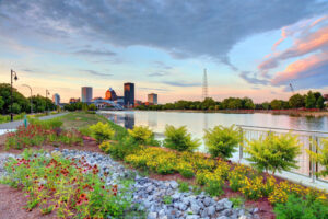 The beautiful landscape along the riverwalk makes Rochester, New York a beautiful place to live.